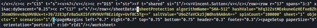 Partial contents of the sheet2.xml file inside VI with the entire XML element <sheetProtection/> highlighted in yellow.