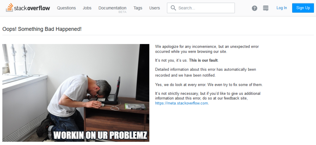 Screen capture of a Stackoverflow.com error