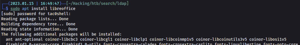 A screenshot of the command "sudo apt install libreoffice" and the first few lines of apt feedback.